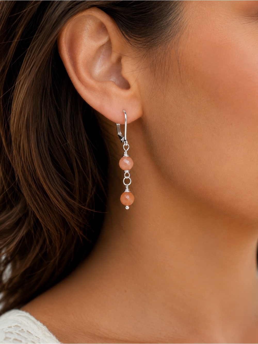 Peach Moonstone Faceted Gemstone Dangle Earrings